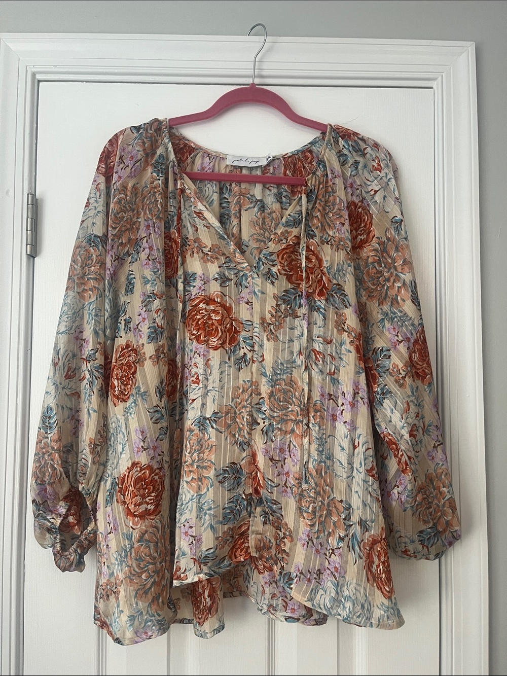Petal & Pup Cream Floral Blouse with Rust and Blue Accents